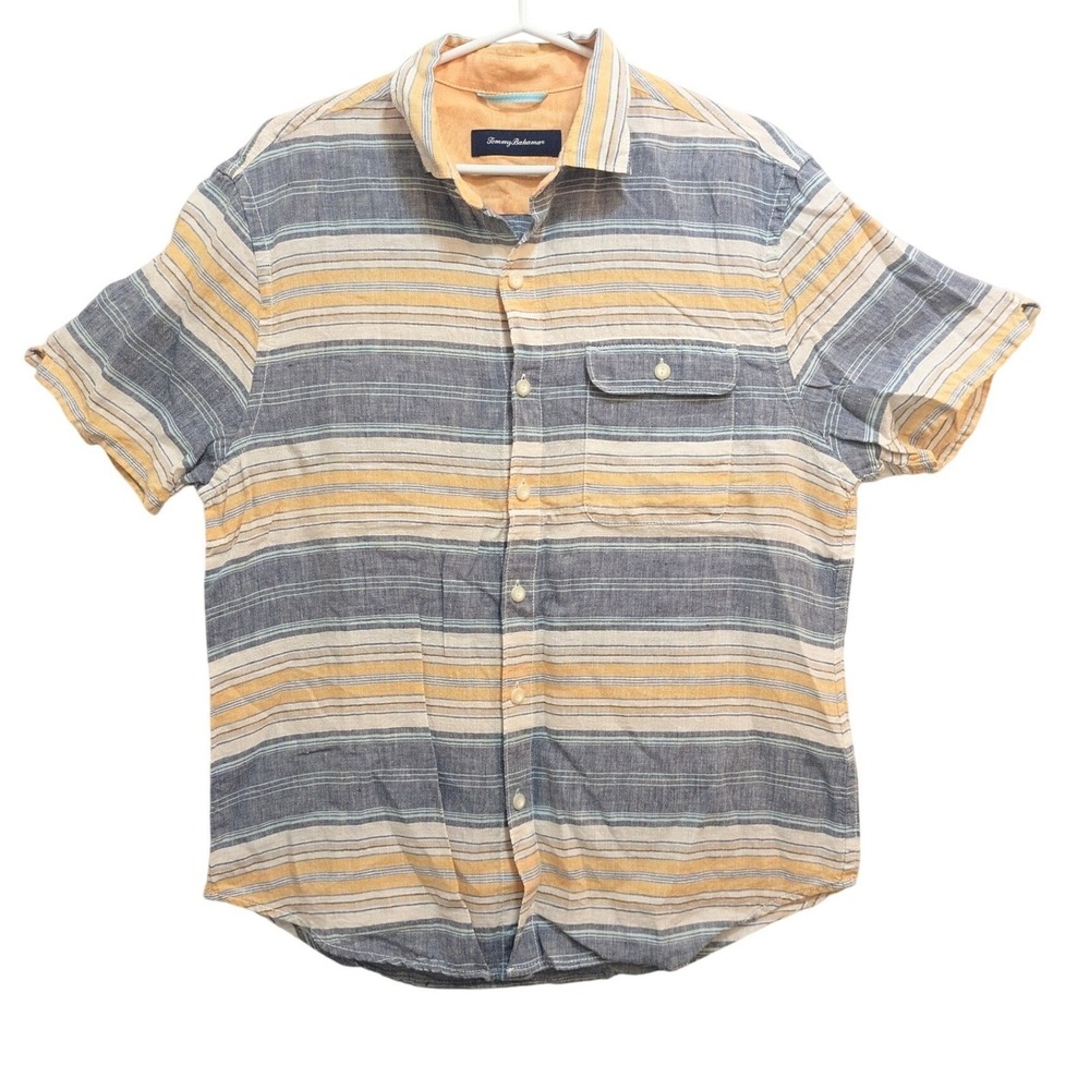 Tommy Bahama Men's M Blue Yellow 100% Linen Striped Short Sleeve Button Down